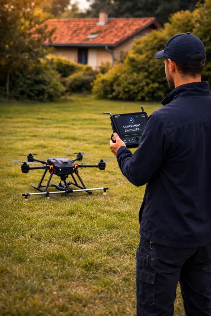 Artisan démarrant un drone pour nettoyer toiture