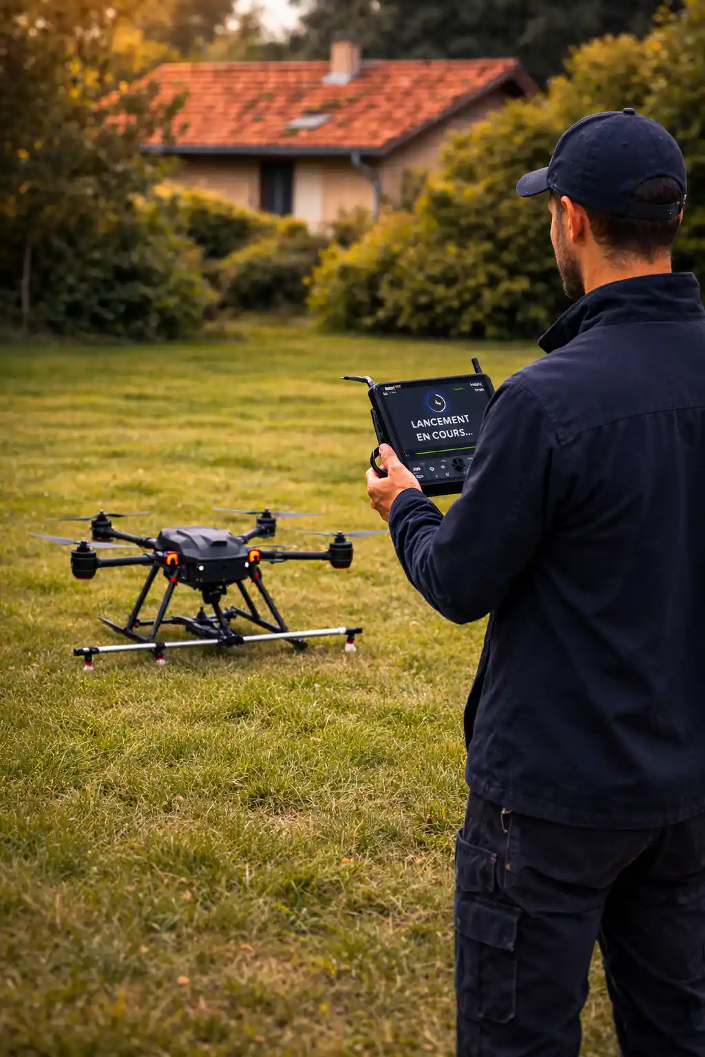 Artisan démarrant un drone pour nettoyer toiture