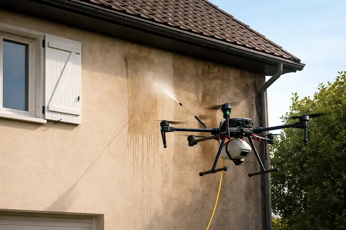 Drone en train de nettoyer une façade