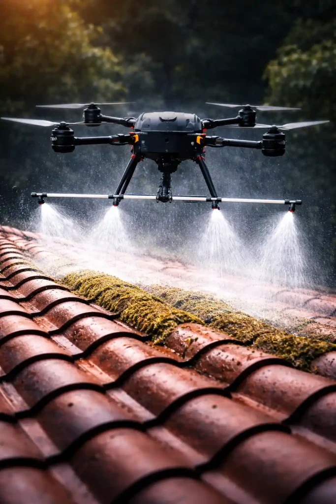 Drone nettoyant toiture en tuiles