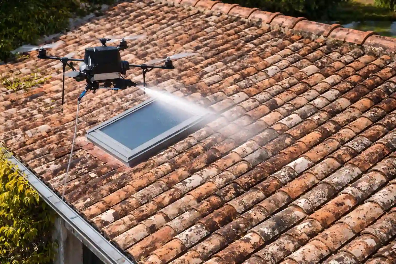 Drone nettoyant toiture en tuiles encrassé