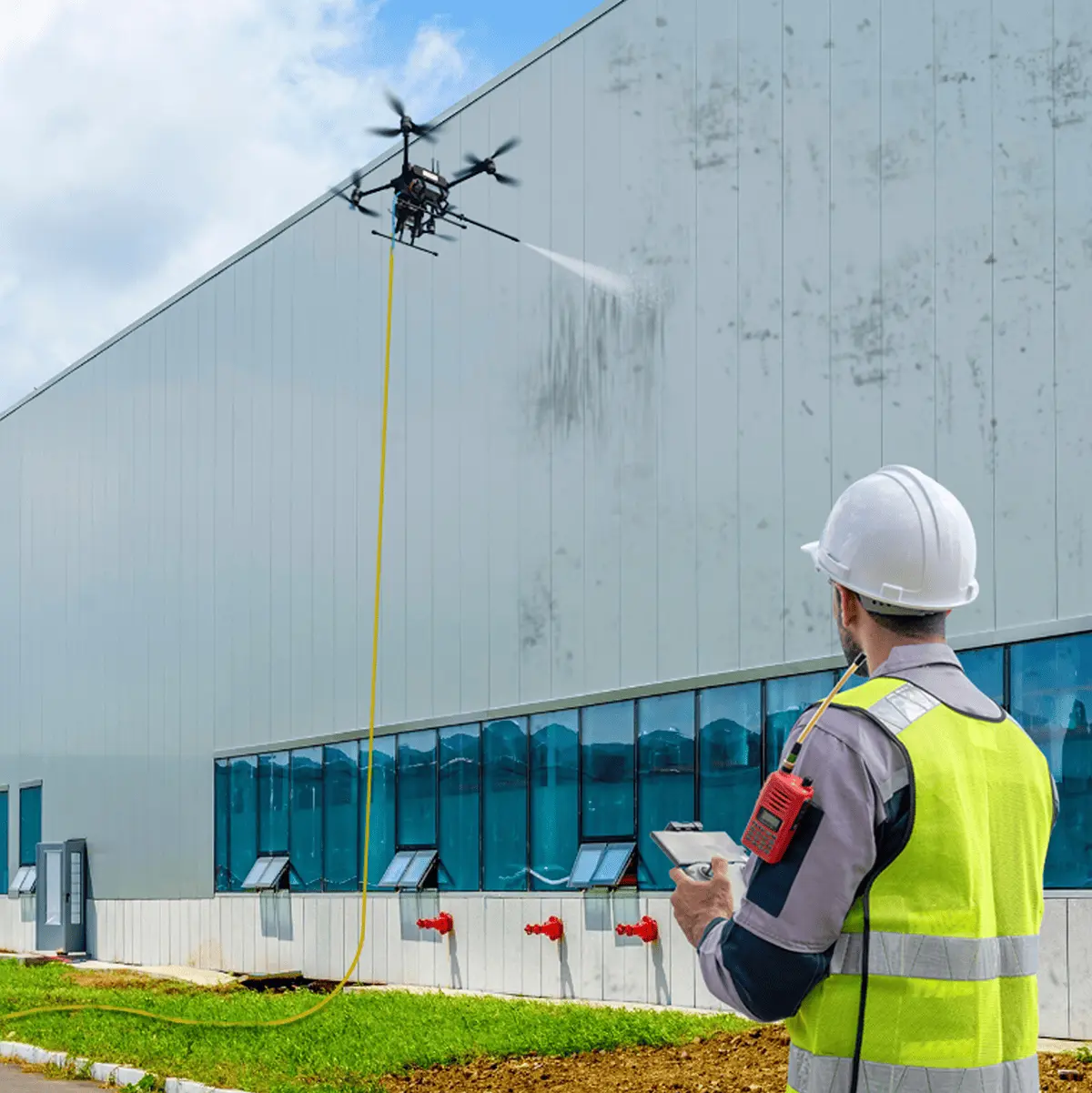 technicien nettoyant facade batiment industriel